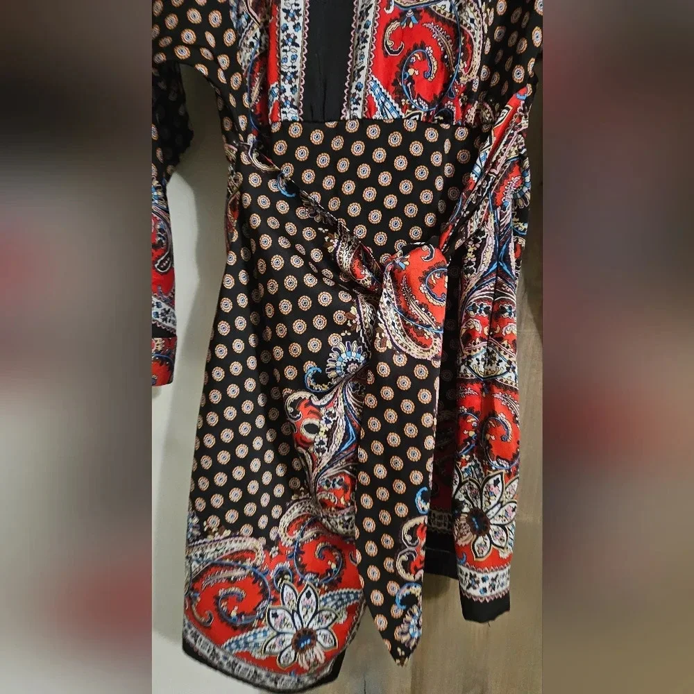 Zara Paisley Print Faux Wrap Mini Dress XS Boho Long Sleeve NWOT